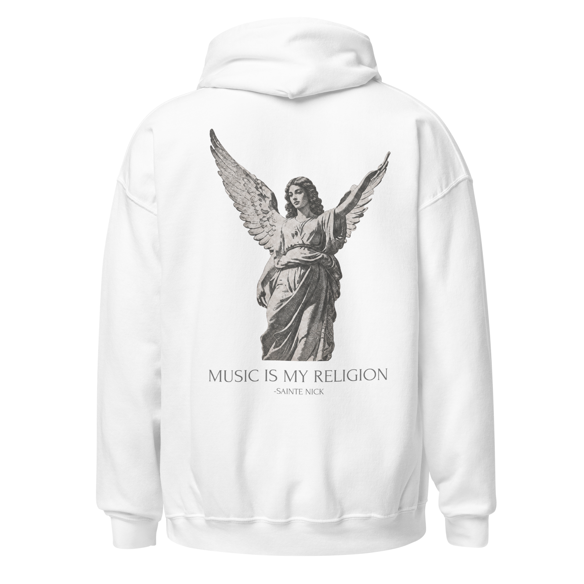 NALINI Hoodie — Angel of the Hause · SAINTE NICK Drop 001 (back view with angel illustration)